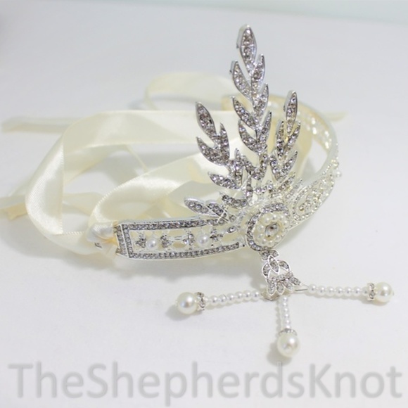 New 1920s Flapper Bride Headband Tiara Cream Black - Picture 5 of 9